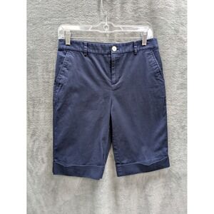 Preppy Bermuda Shorts‎ Womens 2 Coastal Chino Navy Blue Mid Rise Cotton Cuffed